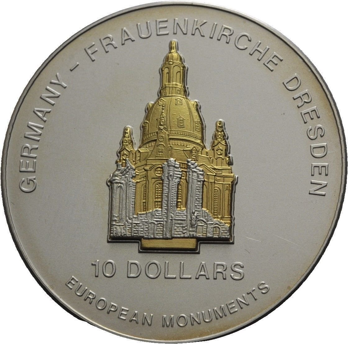 2004 Nauru Large Silver Goldplated 3D Proof 10$ Dresden Cathedral