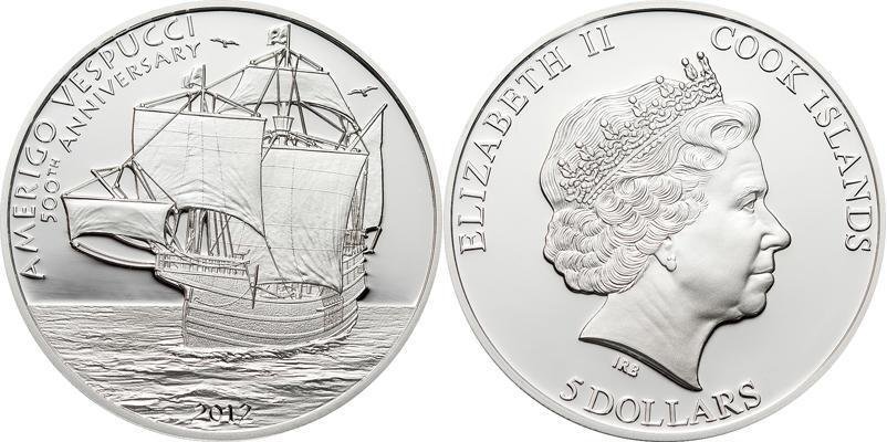 Cook Is 2012 Large Proof Silver  $5 Ship Amerigo Vespucci