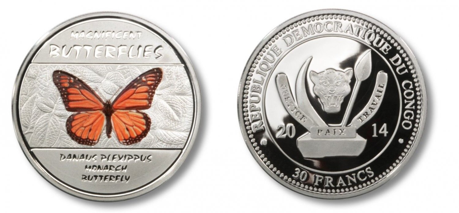 Congo 2014 Large Silver Color Proof 30 Francs-Monarch Butterfly-mintage 2000
