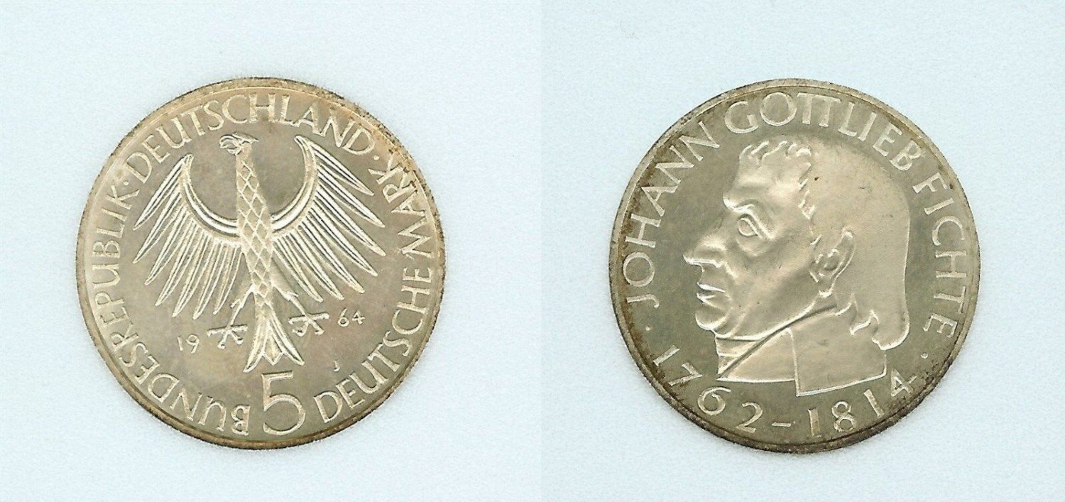 1964 Germany Silver 5 mark-Fichte philosopher idealist, Scarce, UNC, slabbed