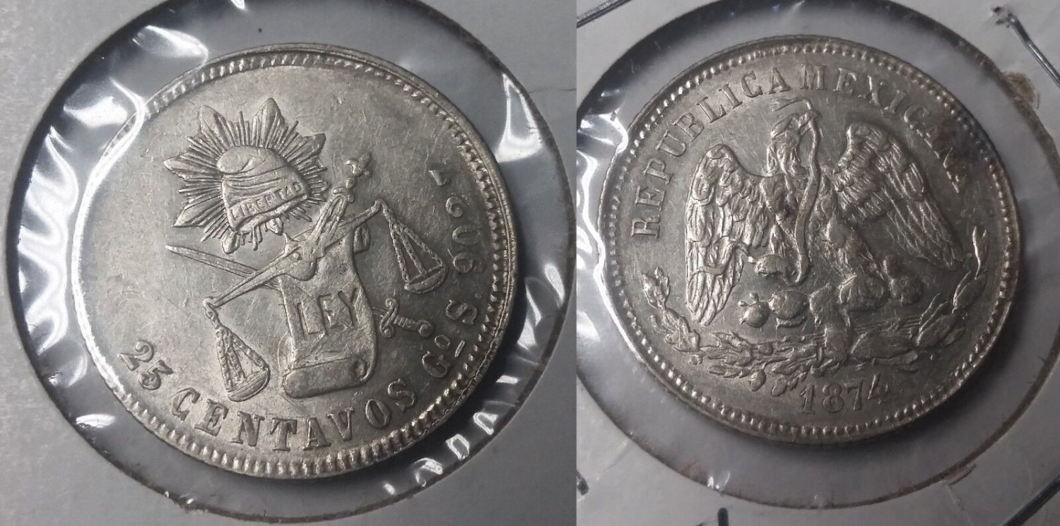 1874 Go Mexico silver 25 centavo-Eagle/ Snake-Nice