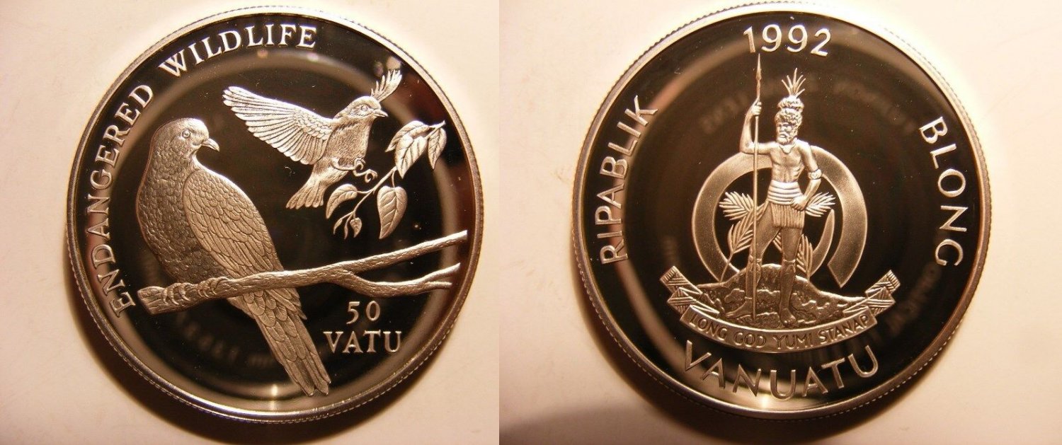 1992 Vanuatu Large Silver Proof 50 Vatu Earth Pigeons,Endangered