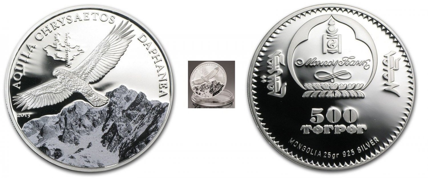 2013 Mongolia Large Color Silver Proof 500 Togrog-Golden Eagle