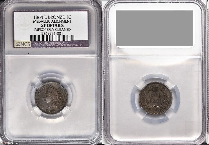 Rare error USA 1864L Indian 1c medallic rotation XF details