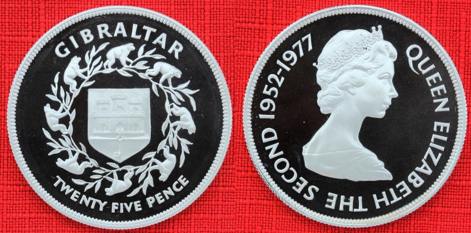 1977 Gibraltar Large Silver Proof 25P Silver Jubilee-Ring of Apes-Towers Shield