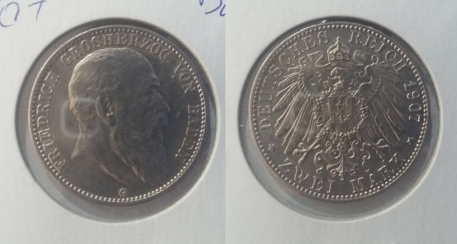 Baden 1907(Germany) silver 2 Mark, NICE