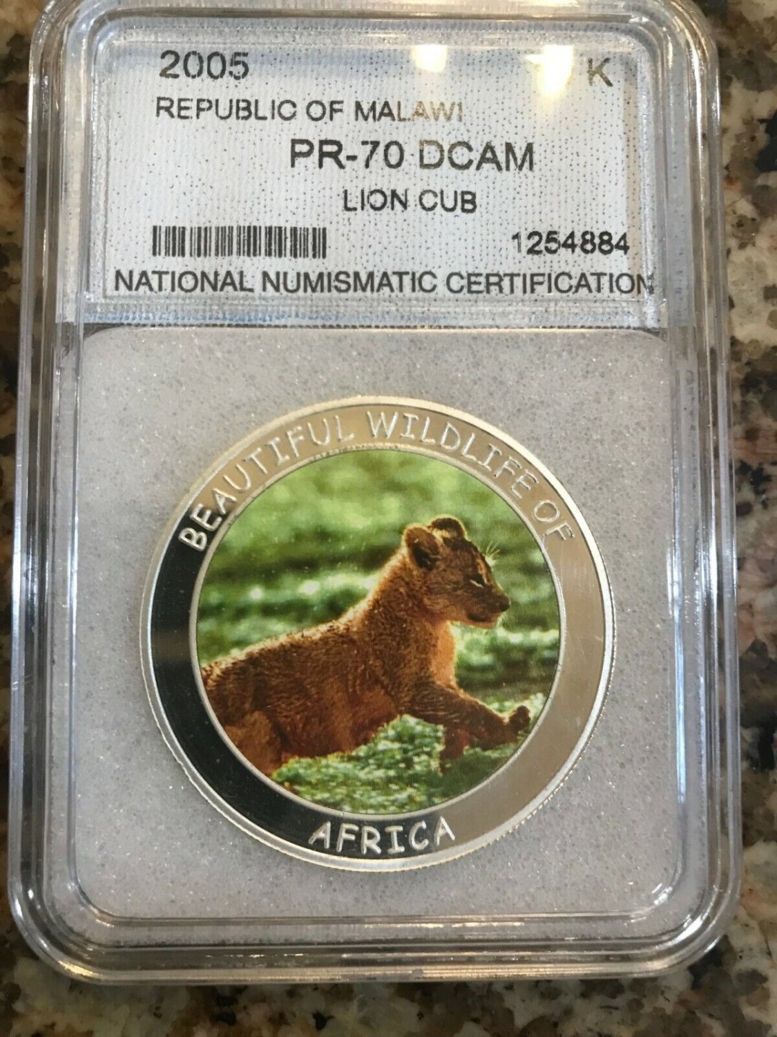 2005 Malawi Large Proof 10 Kwacha Endangered animals-Lion Cub Slabbed