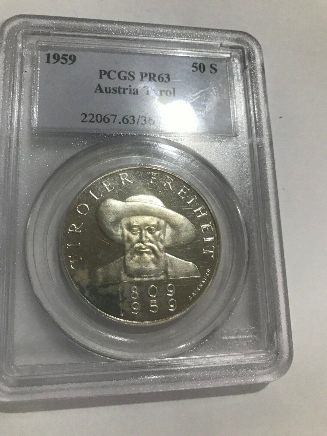 Rare 1959 Austria Proof Silver 50 sh Liberation of Tyrol PCGS PF-63