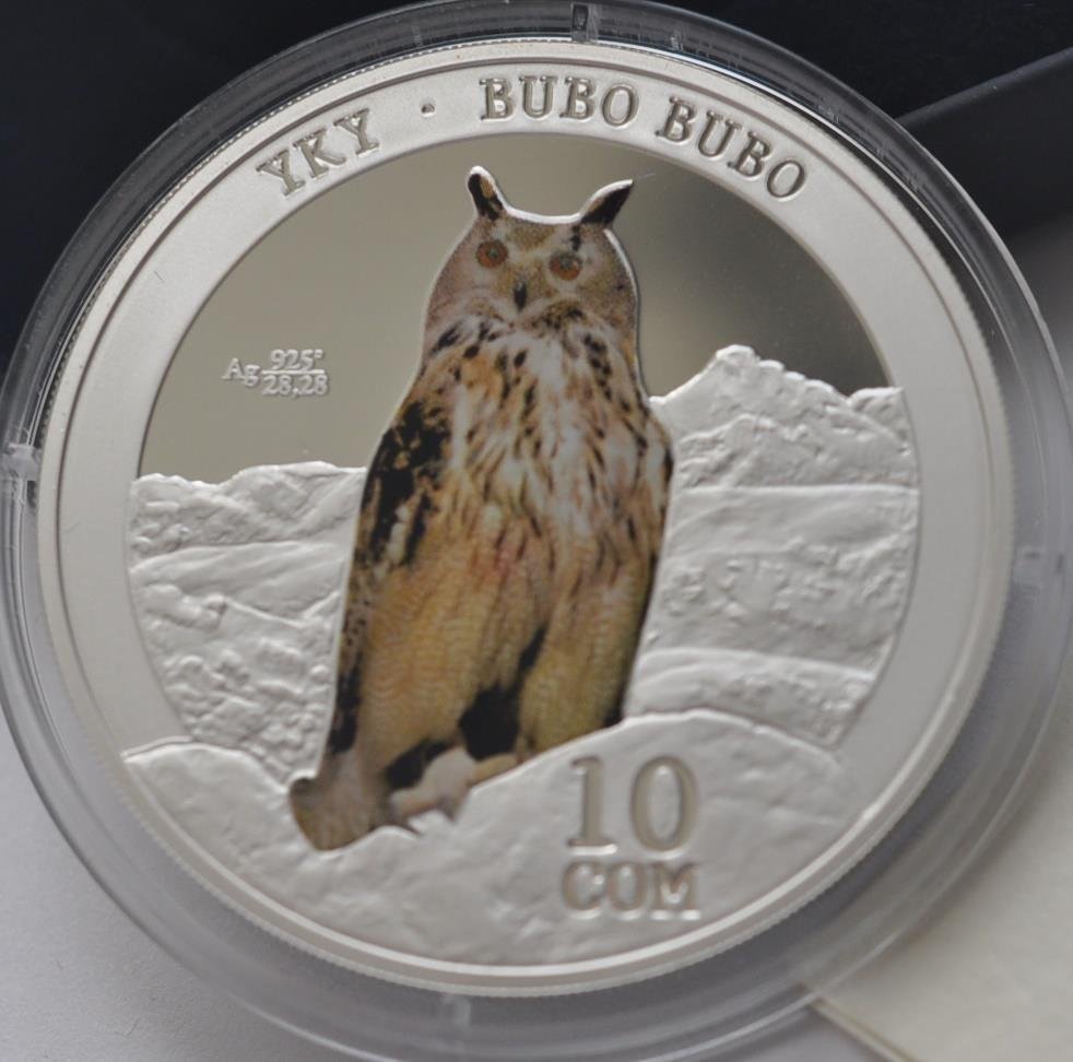 2014 Kyrgyzstan Large Silver Proof 10 Som- Bubo Owl; Nice Box,mintage 3000