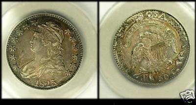 Rare USA 1825 50 c error- struck thru- ANACS AU53&Acirc;&nbsp;