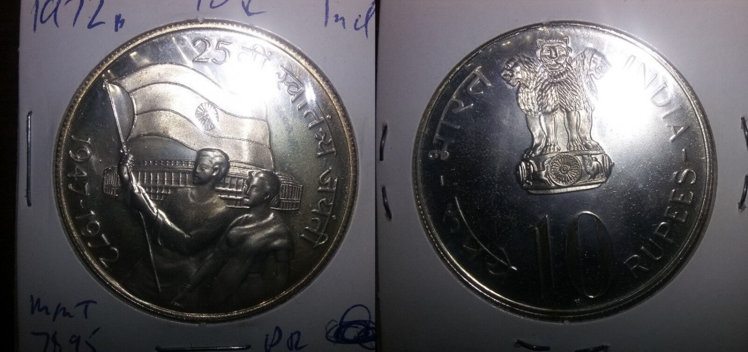 Rare 1972 B India  Large Silver Proof 10 Rupees-Independence