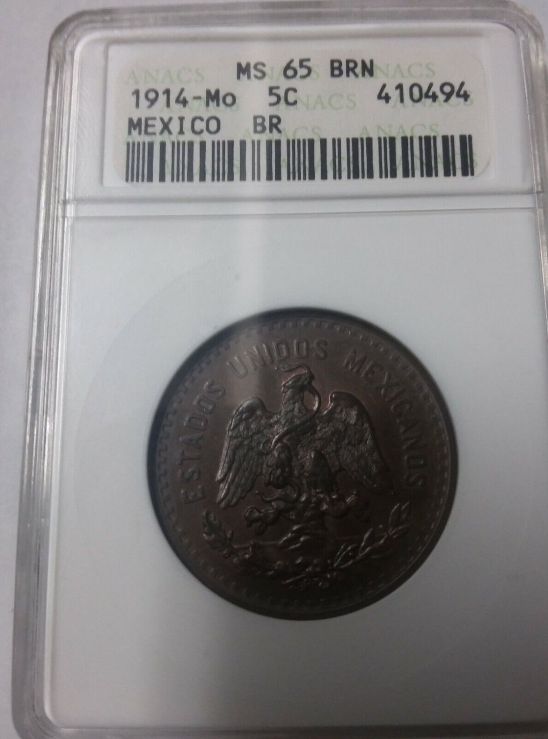 Rare 1914 Mexico 5 centavos-Eagle/ Snake-ANACS MS 65