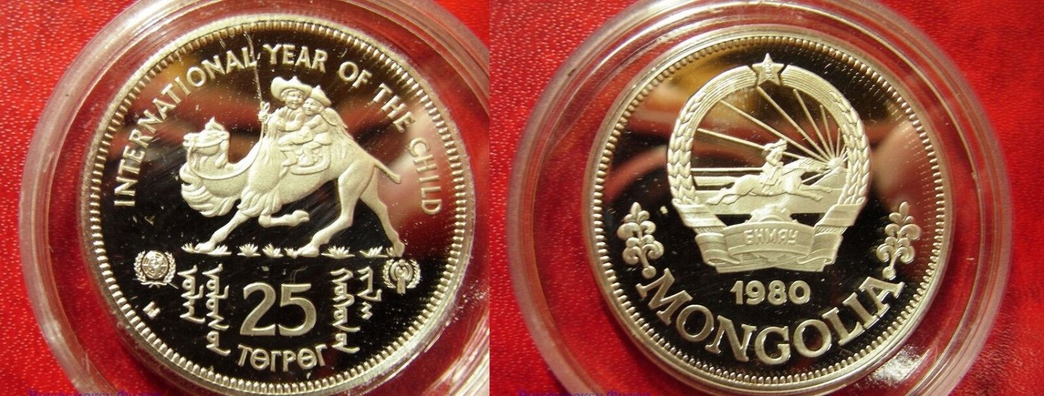 1980 Mongolia Large Silver Proof 25 Togrog Camel/Children