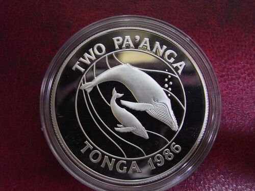 1986 Tonga Large silver Proof  2 Paanga WWF Whale