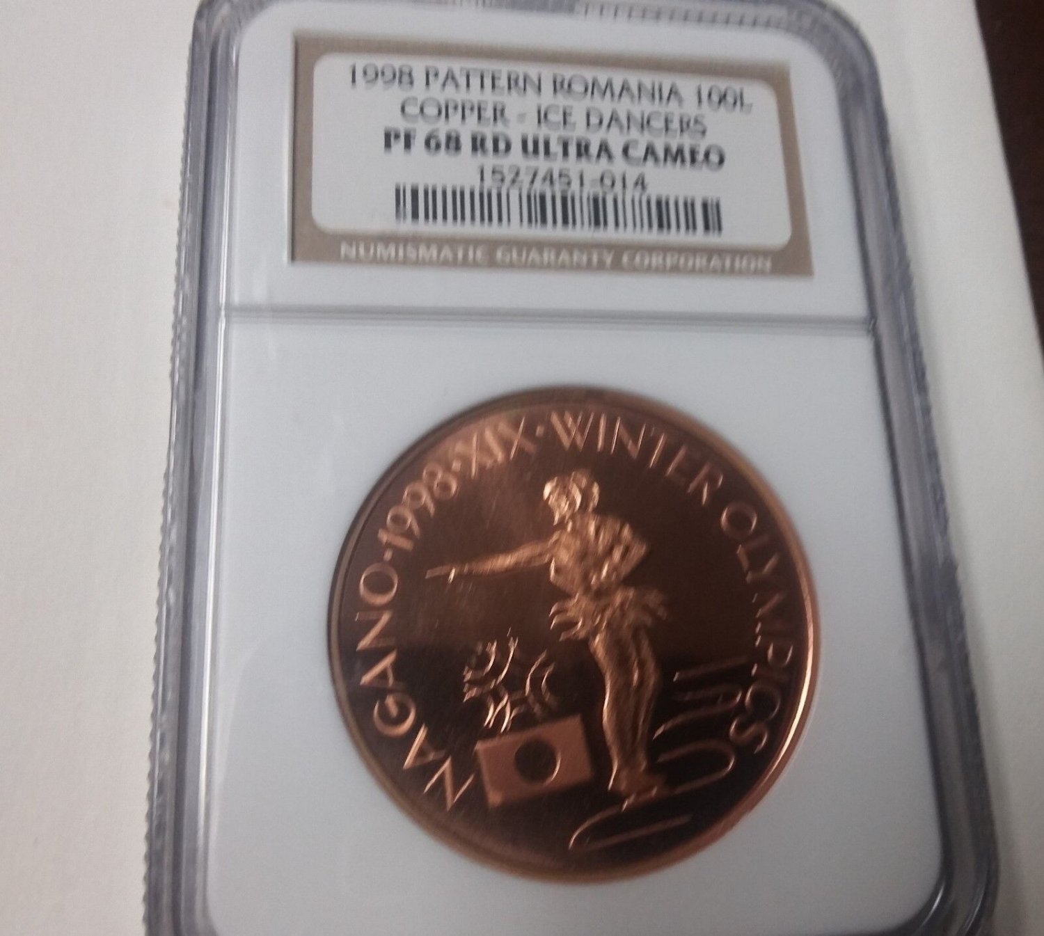 Rare 1998 Romania Copper 100 Lei Pattern Olympic Figure Skating NGC PF 68 RD