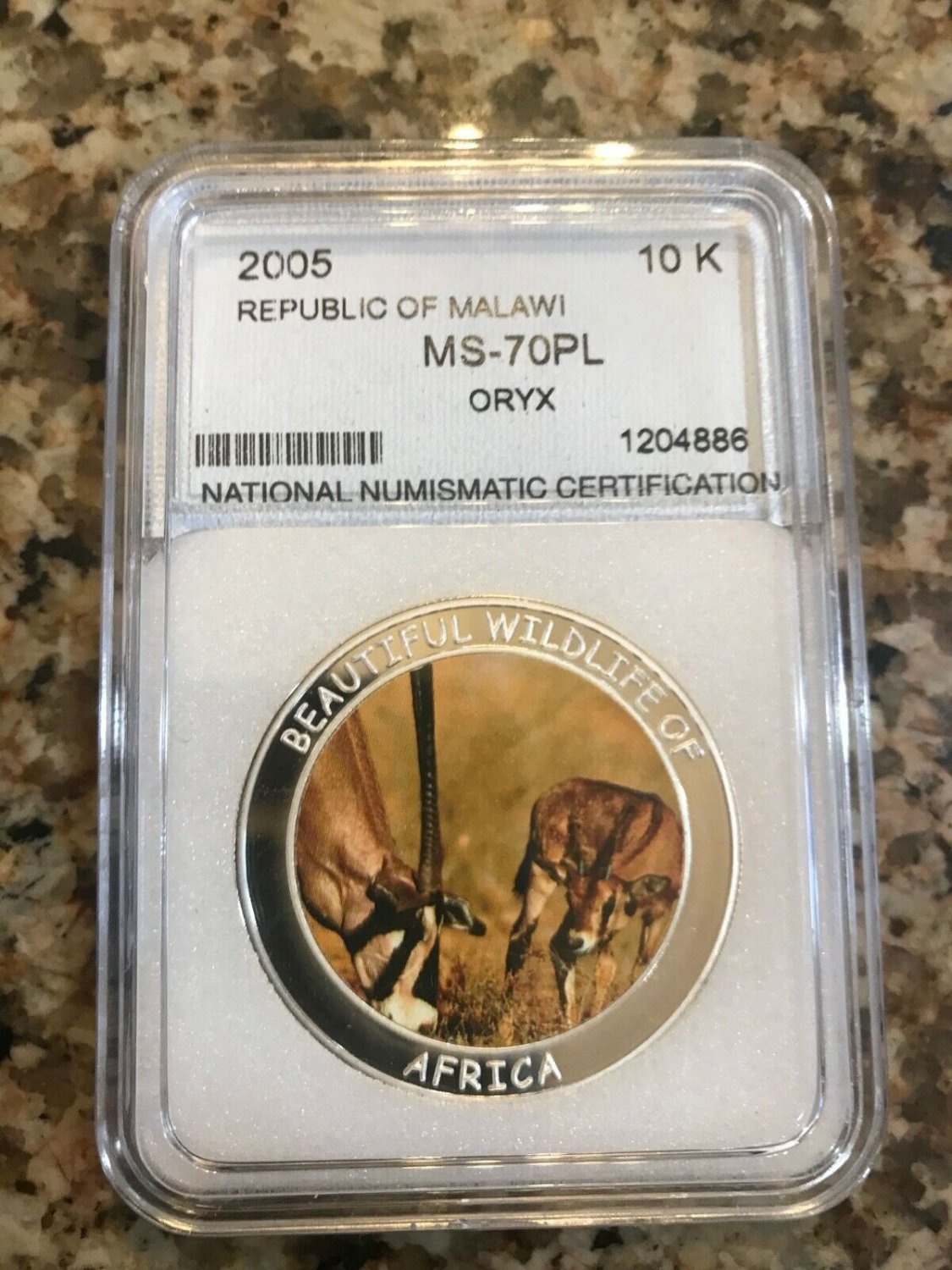 2005 Malawi Large Proof 10 Kwacha Endangered animals-Oryx Antelope Slabbed