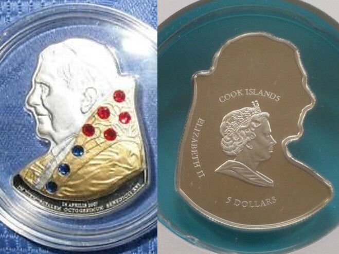 2007 Cook Is Large Silver/Gldpl.Proof $5-Vatican Benedict-Swarovski crystals