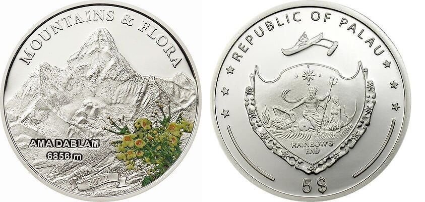 2012 Palau Large  Proof Color Silver $5 Mount Ama Dablam/Flowers