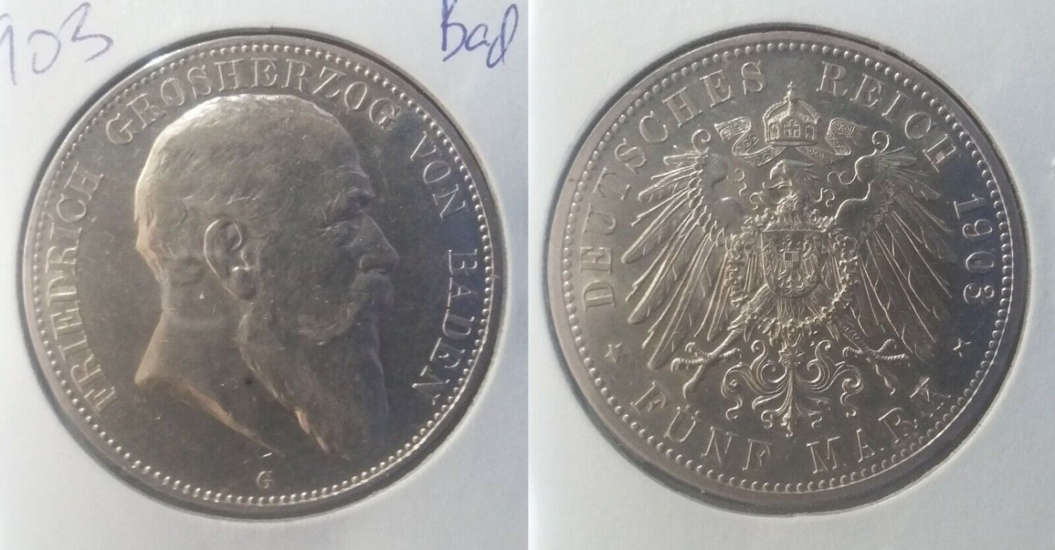 Rare Baden 1903(Germany) silver 5 Mark, NICE