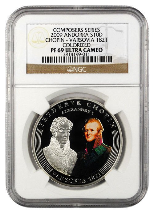 Rare 2009 Andorra Large Proof Silver 10 D Chopin 200 years-1821 Russia NGC PF69