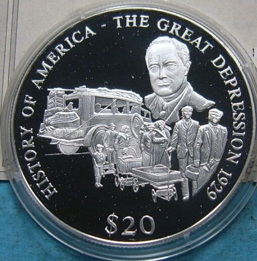 Liberia 2000 Large Silver Proof $20-Roosevelt-Great Depression