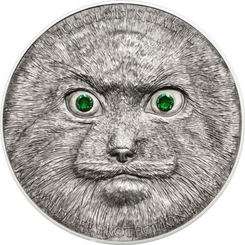 2014 Mongolia Large Silver 500 T Manul Cat-Wildlife w/Swarovski crystal