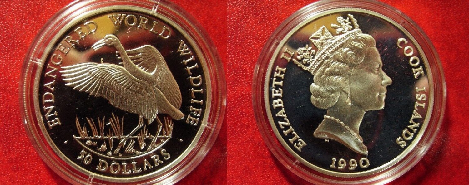 1990 Cook Is Large Silver Proof  50$ Fauna Crane