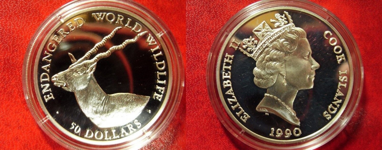 1990 Cook Is Large Silver Proof  50$ Fauna Antelope