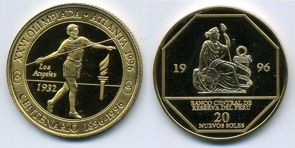 Rare 1996 Peru Large.Brass pattern 20 S Olympic Javelin T1