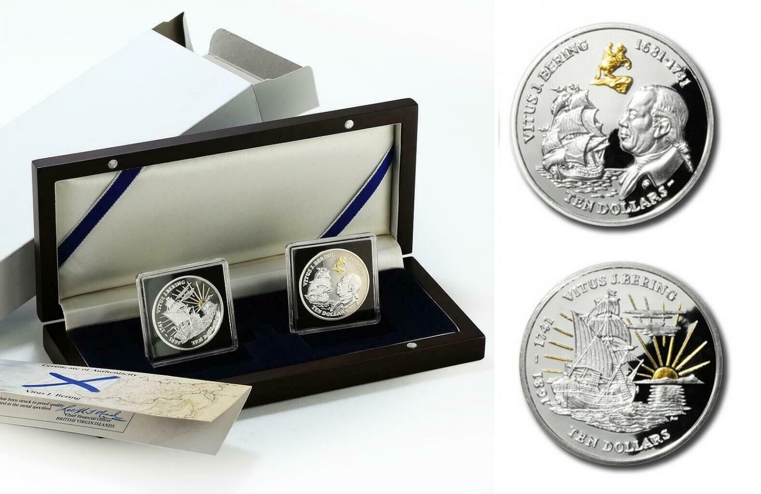 2011 British Virgin Islands Large Silver Proof $10 2 coins Vitus Bering/Box