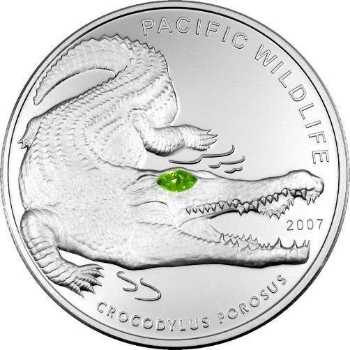 2007 Palau Large Proof Silver $5 Crocodile w/Swarovski crystal