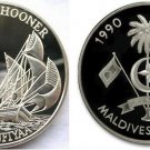 1990 Maldives Large Proof Silver  250 rufiyaa- Schooner-Sailing Ship