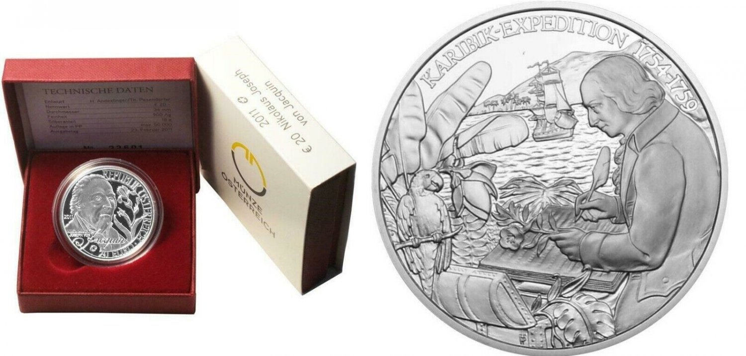2011 Austria Large Silver Proof-20 euro-Jacquin- Caribbean expedition/box