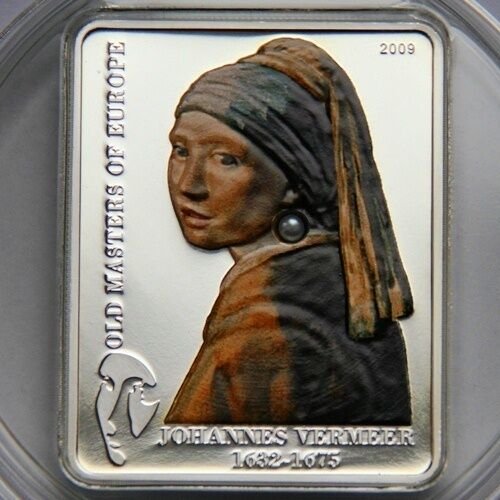 2009 Cook Is Large Silver Color Proof $5-Great Painters-Johannes Vermeer/w pearl