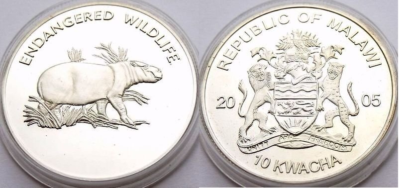 2005 Malawi Large Proof 10 Kwacha Endangered  animals- Pigmy Hippopotamus