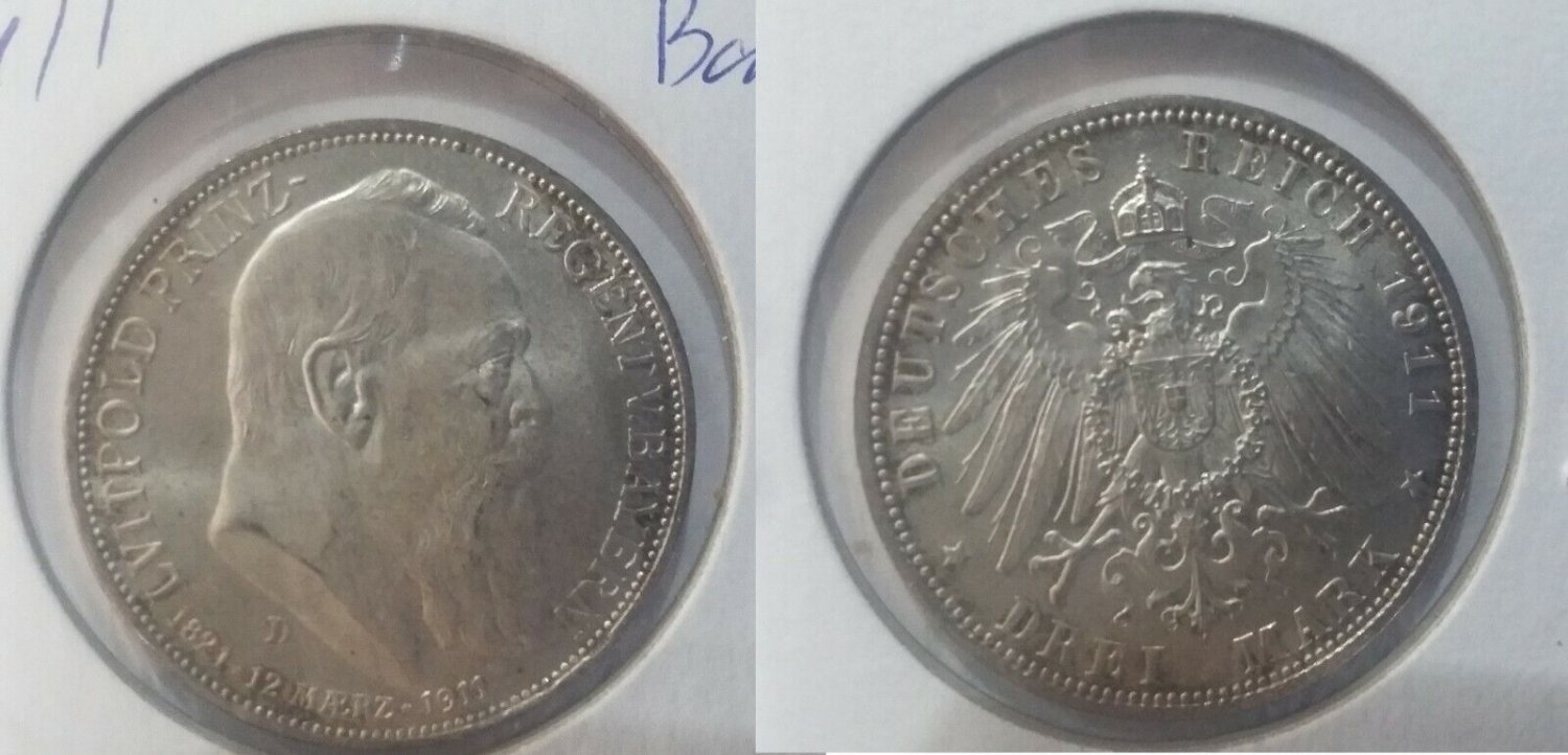 1911 Bavaria Germany Large Silver 3 Mark- Luitpold-Nice #3