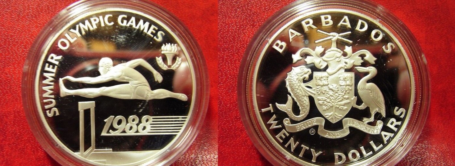 1988 Barbados Large Silver Proof $20 Olympic Hurdles