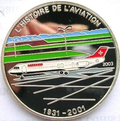 2003 Benin Large Silver Color Proof 1000 fr Airplane-Fokker 100