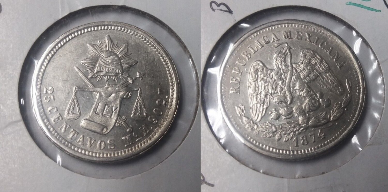 1874 (/3?)  Mo Mexico silver 25 centavo-Eagle/ Snake Nice