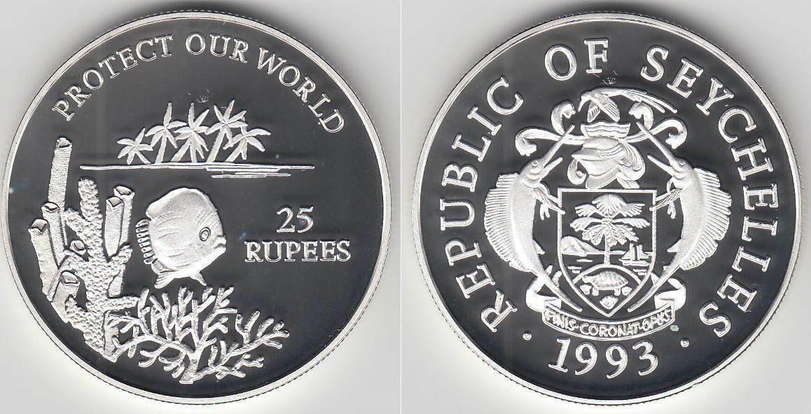 1993 Seychelles Large Proof Silver  25 Rupees Fish/Coral/Palm