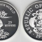 1993 Seychelles Large Proof Silver  25 Rupees Fish/Coral/Palm