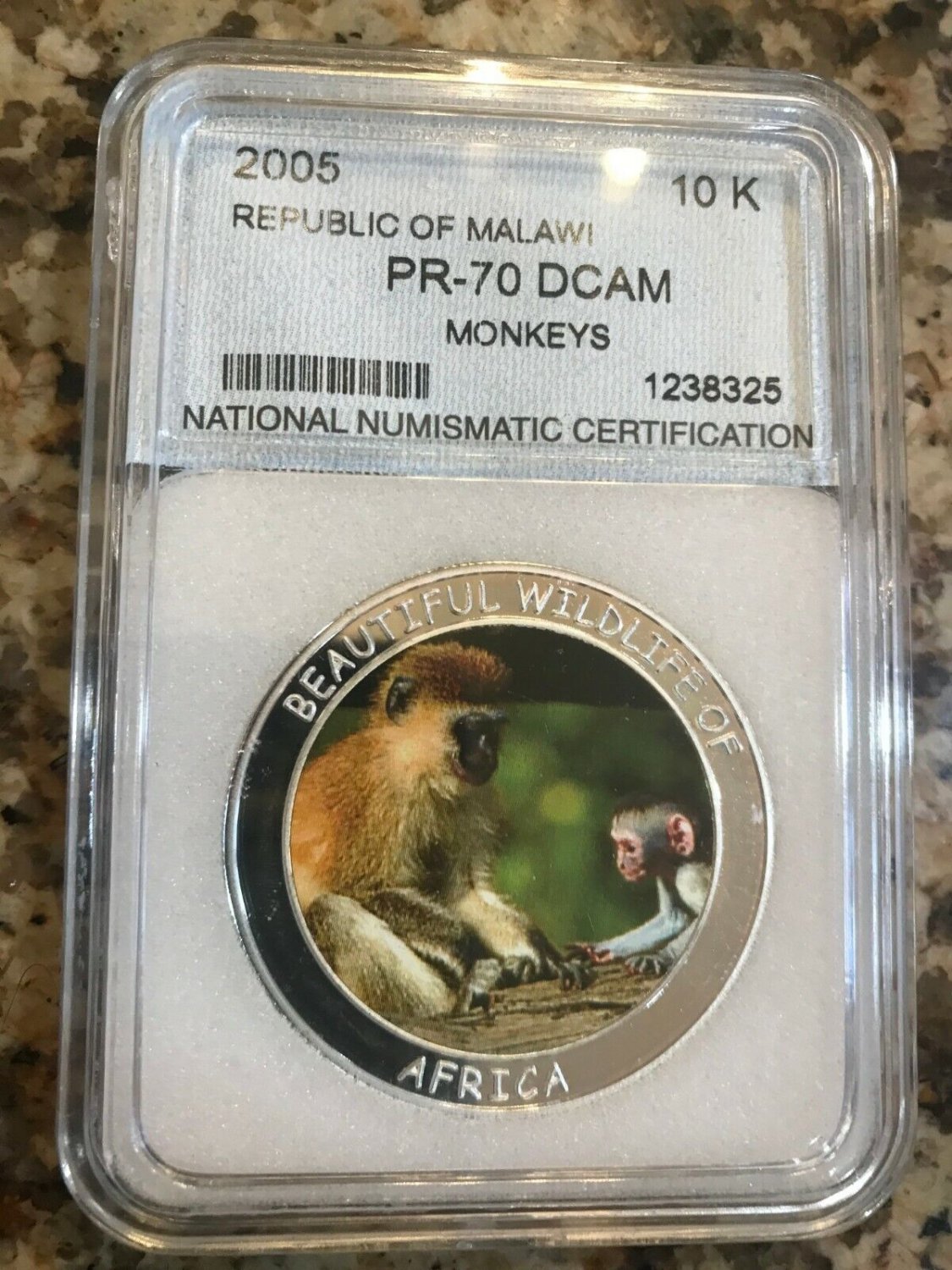 2005 Malawi Large Proof 10 Kwacha Endangered animals-Monkeys Slabbed