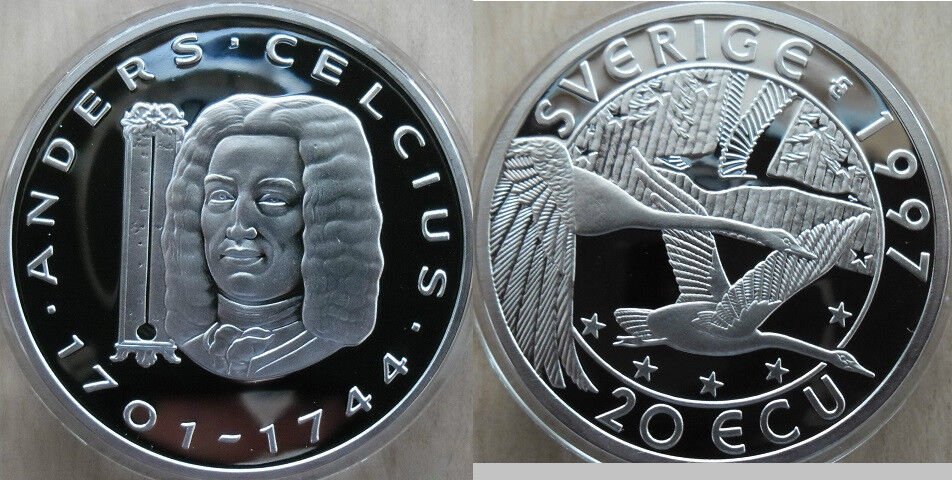 1997 Sweden Large Proof Silver 20 Ecu Celcius/ Geese