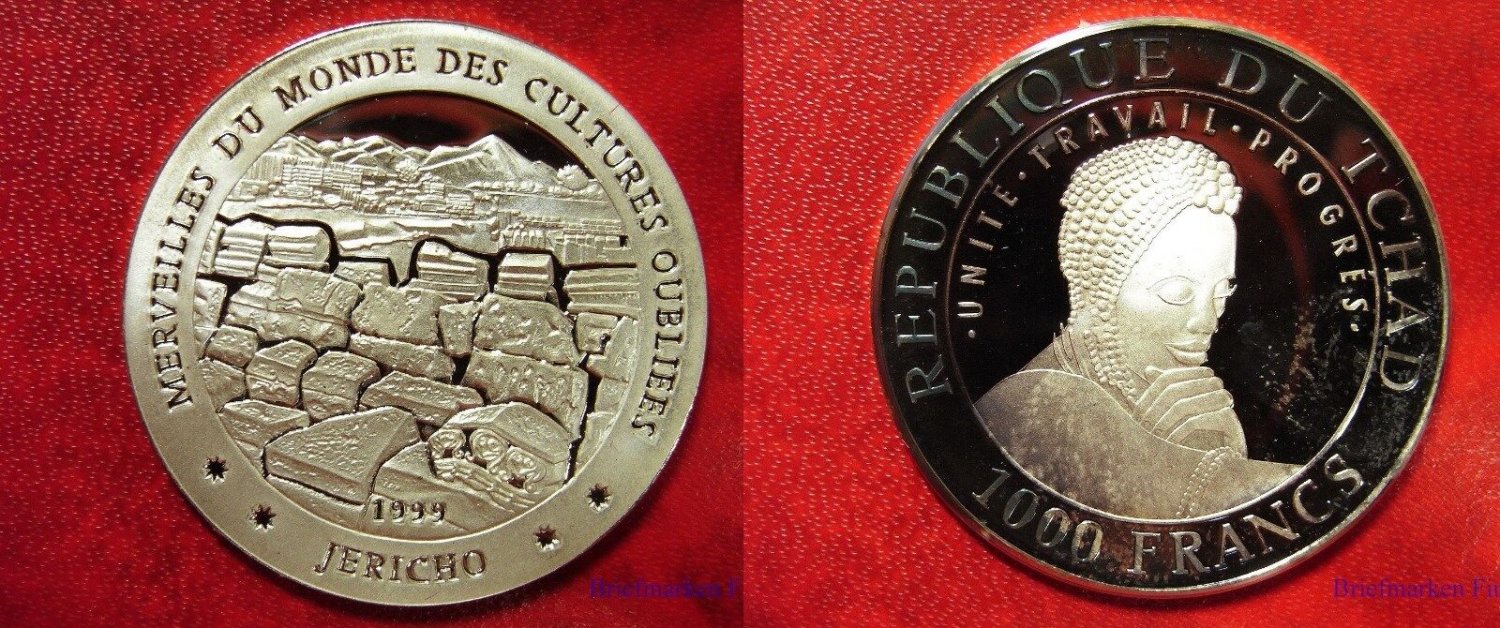 1999 Chad Large Silver Proof 1000 fr World Wonders-Jericho
