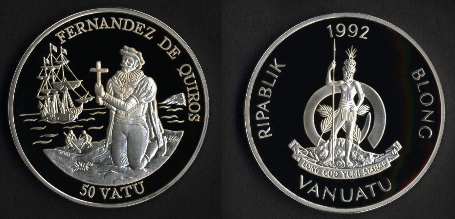 1992 Vanuatu Large Silver Proof 50 Vatu Fernandez De Quiros/Sailing Ship