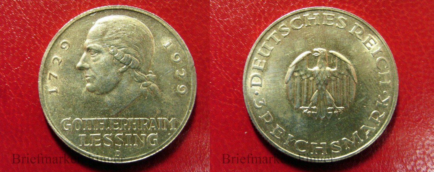 Rare 1929 D  Germany Large Silver 3 marks-Lessing-Nice