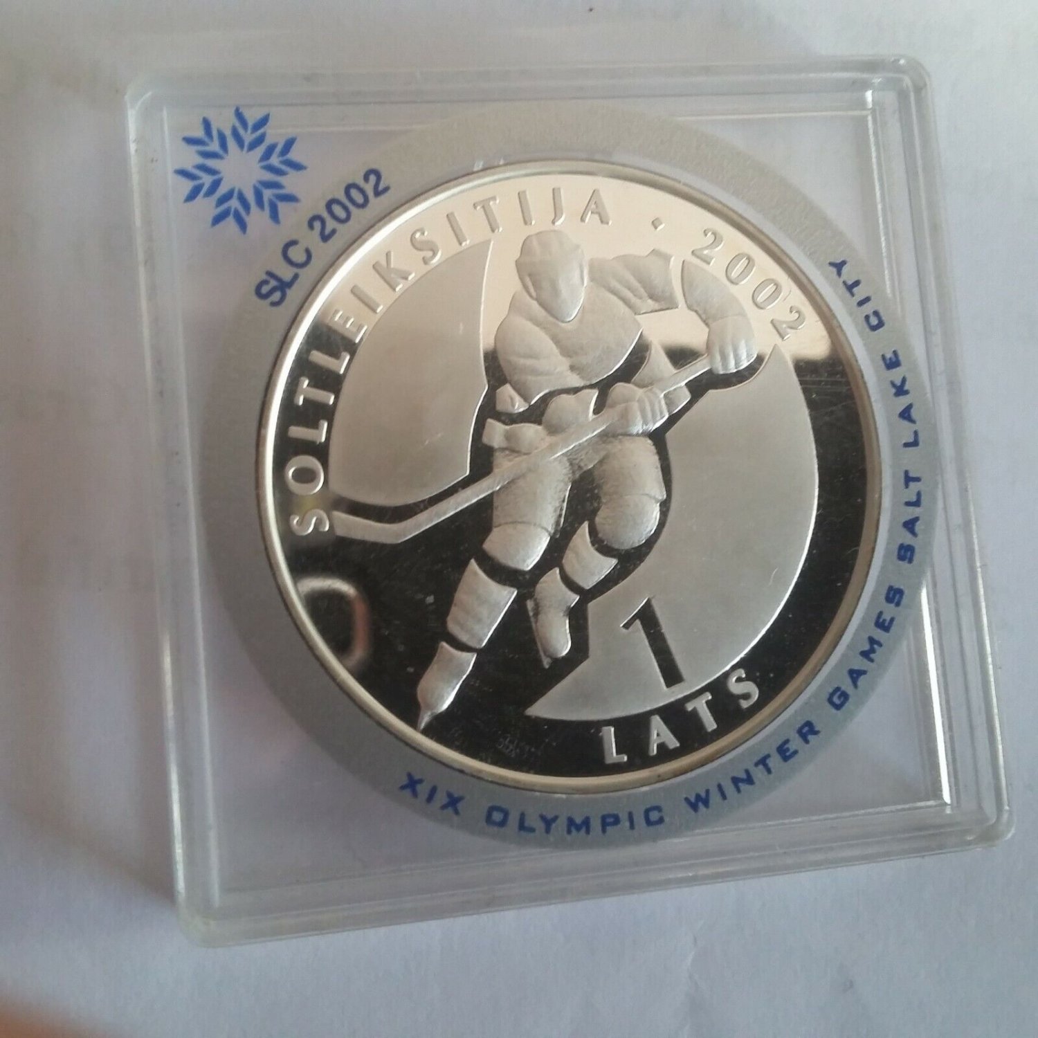 2001 Latvia large proof silver 1 Lats Ice Hockey/Coat of Arms
