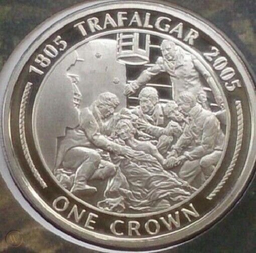 2005 Gibraltar Large Silver Proof  5 Pounds Trafalgar Nelson-Wounding