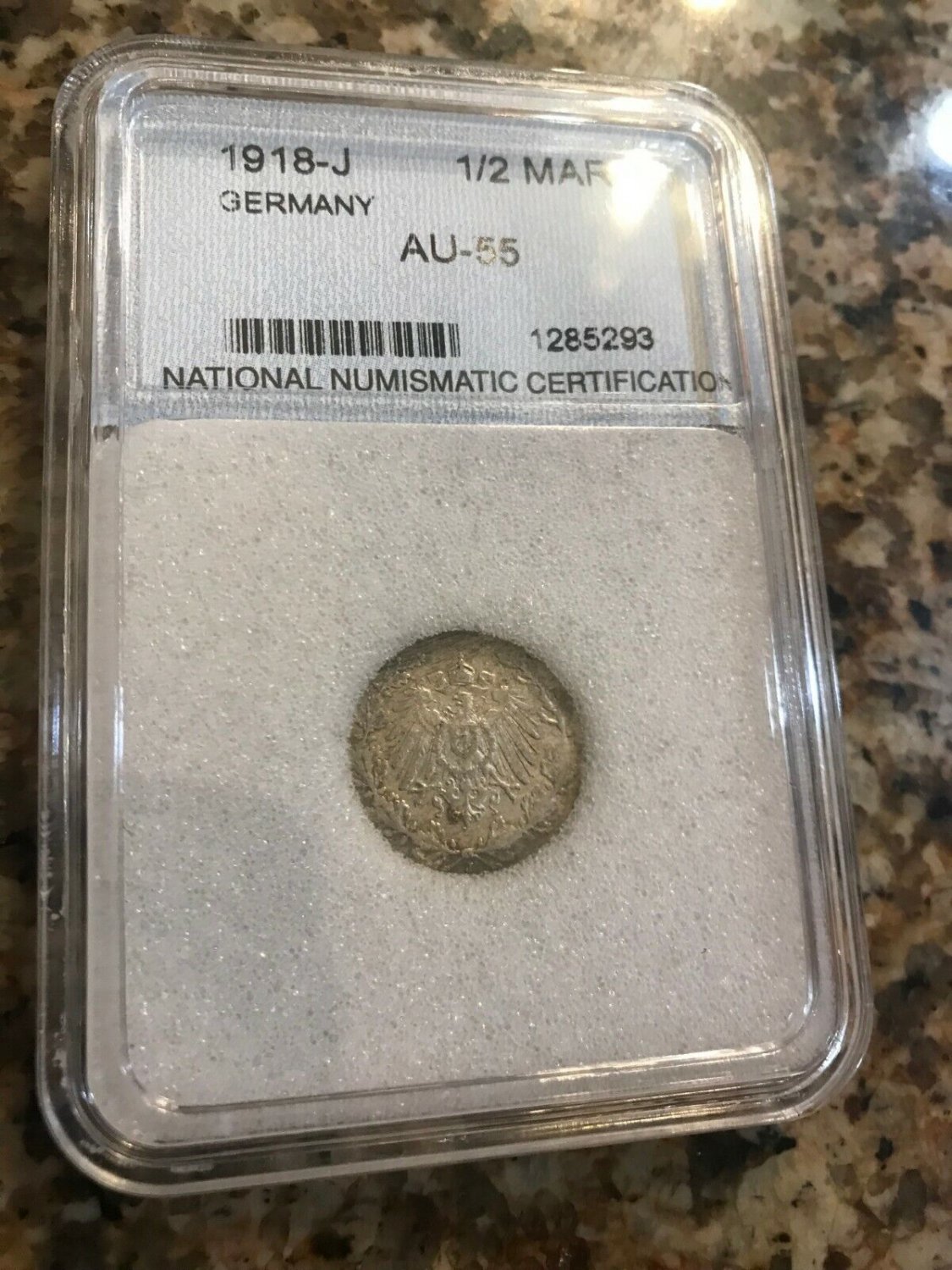 1918 J Germany Silver 1/2 Mark slabbed