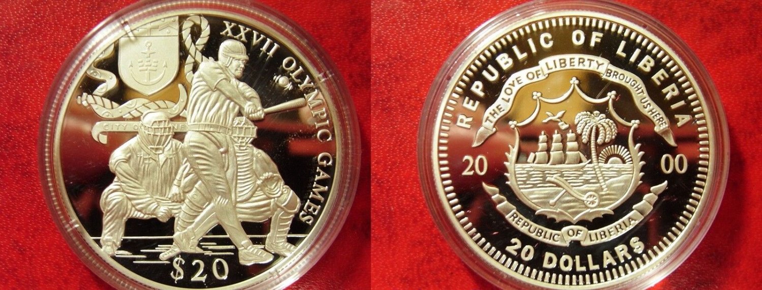 2000 Liberia Large Silver Proof $20 Olympic Baseball